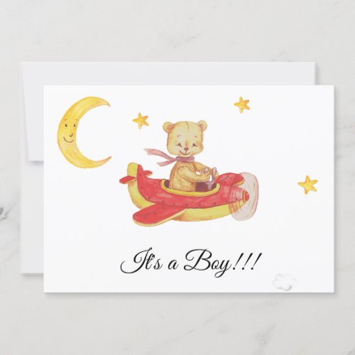   Simple Teddy Bear Red Plane Baby Boy Shower Invitation