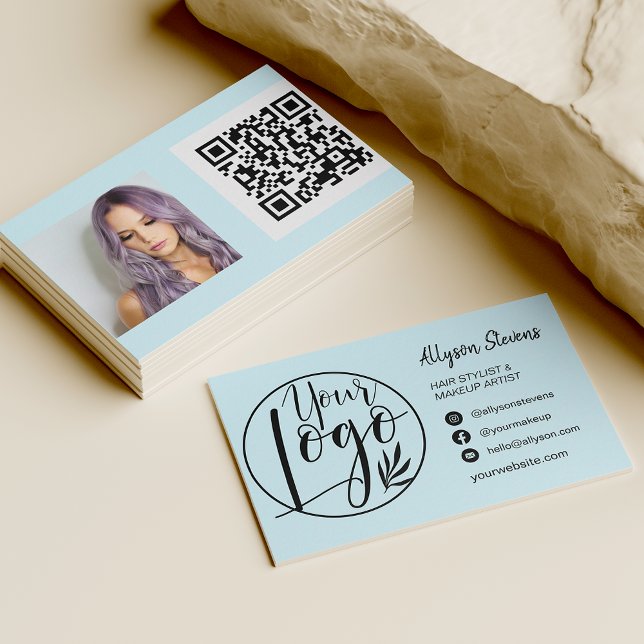 Simple tel blue hair makeup photo logo qr code business card (Creator Uploaded)