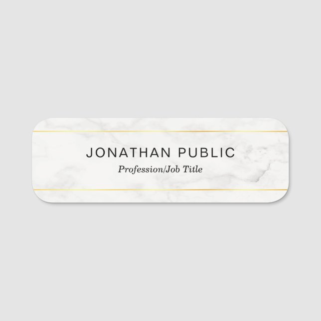 Simple Template Modern Gold And White Marble Name Tag (Front)