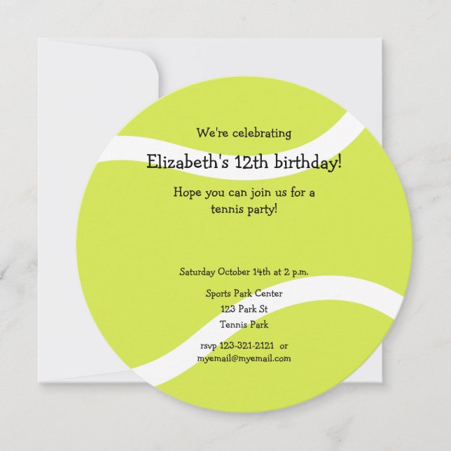 simple tennis ball birthday party  announcement (Front)