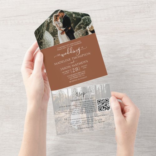 Simple Terracotta 2 Photo QR Code RSVP Wedding All In One Invitation