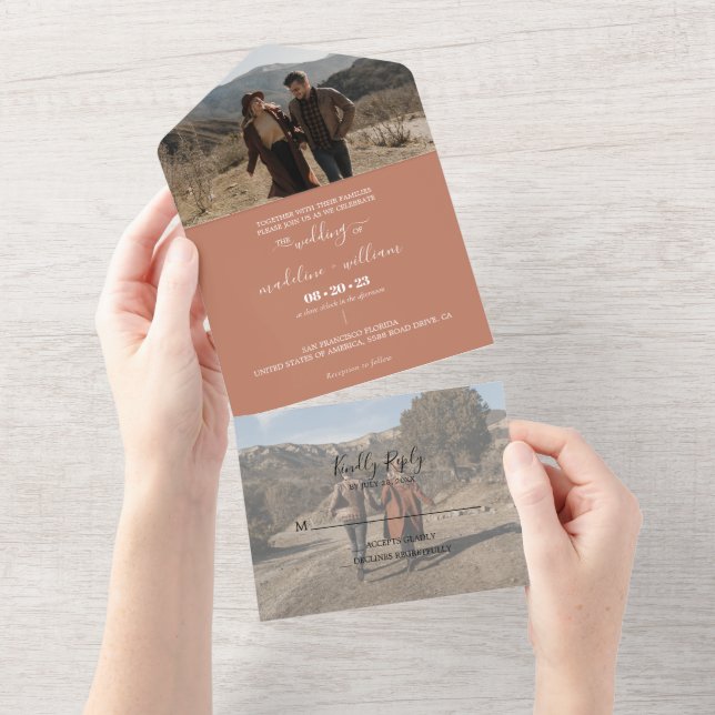 Simple Terracotta Boho Trendy Photo Wedding All In One Invitation (Tearaway)