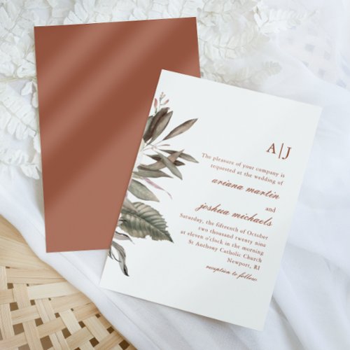 Simple Terracotta Botanical Bouquet with Monograms Invitation