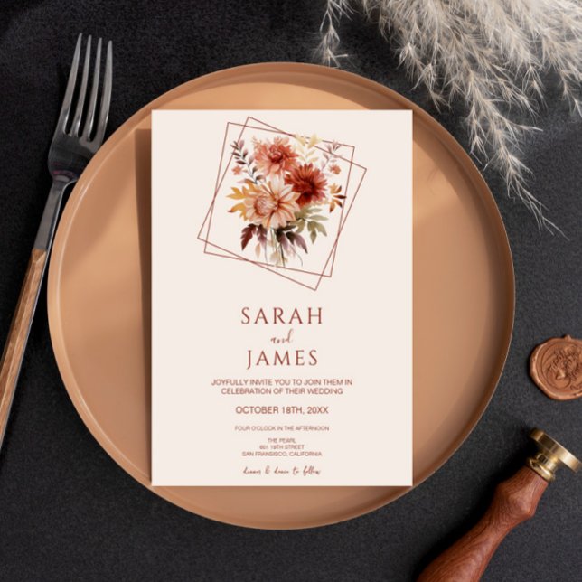  Simple Terracotta Burnt Orange Floral Wedding Invitation (Creator Uploaded)