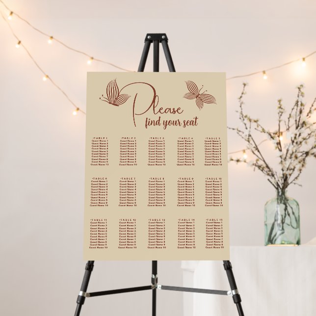 Simple terracotta butterflies seating chart foam board (In Situ (Stand))
