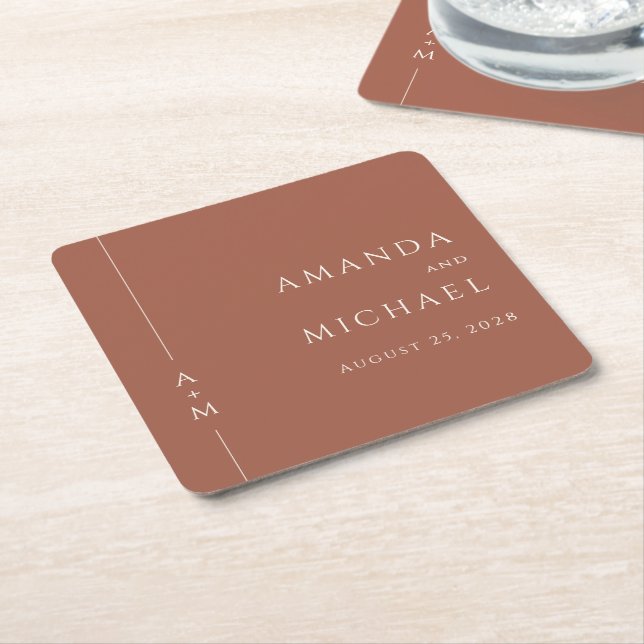 Simple Terracotta Elegant Classic Monogram Wedding Square Paper Coaster (Angled)
