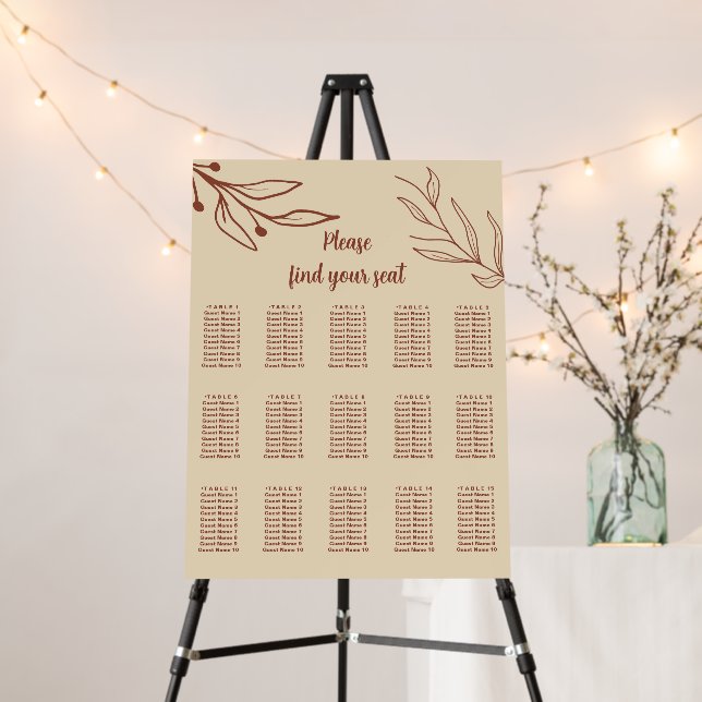 Simple terracotta floral wedding seating chart foam board (In Situ (Stand))