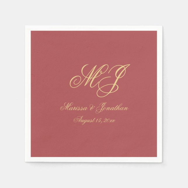 Simple Terracotta Gold Monogram Script Wedding Napkins (Front)