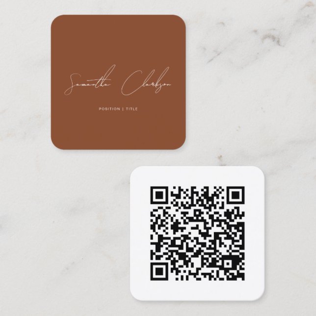 Simple Terracotta Handwritten Script QR code Square Business Card (Front/Back)