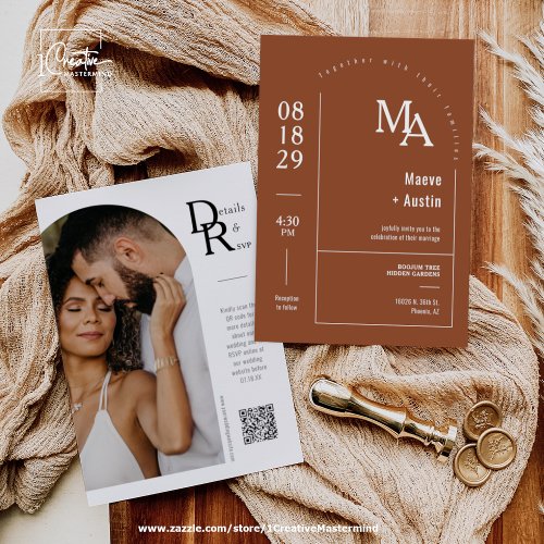 Simple Terracotta Modern Minimal Boho Arch QR Code Invitation