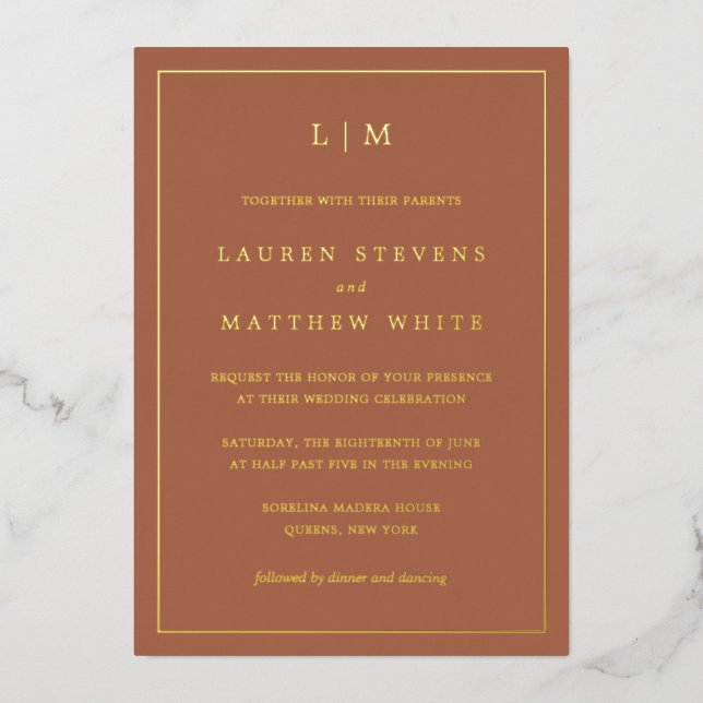 Simple Terracotta Monogram Elegant Wedding Foil Invitation (Front)