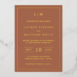 Simple Terracotta Monogram Elegant Wedding Foil Invitation
