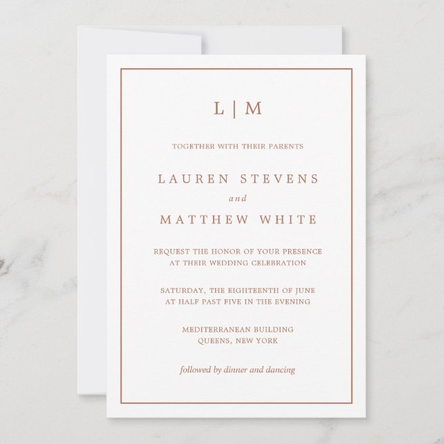 Simple Terracotta Monogram Elegant Wedding Invitation (Front)