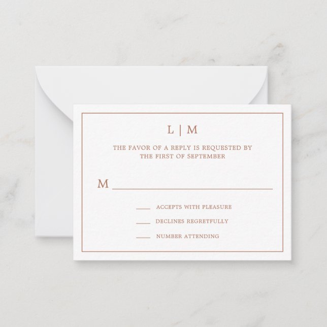 Simple Terracotta Monogram Mini Wedding RSVP Note Card (Front)