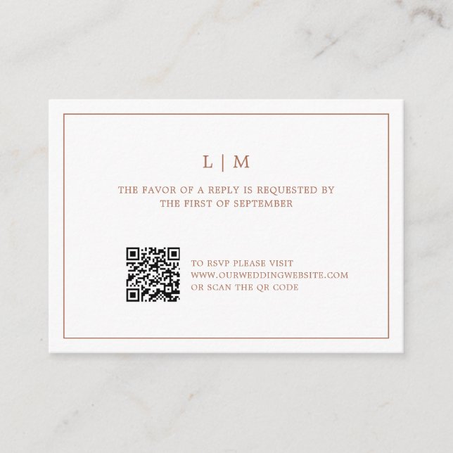 Simple Terracotta Monogram QR Code Wedding RSVP Note Card (Front)