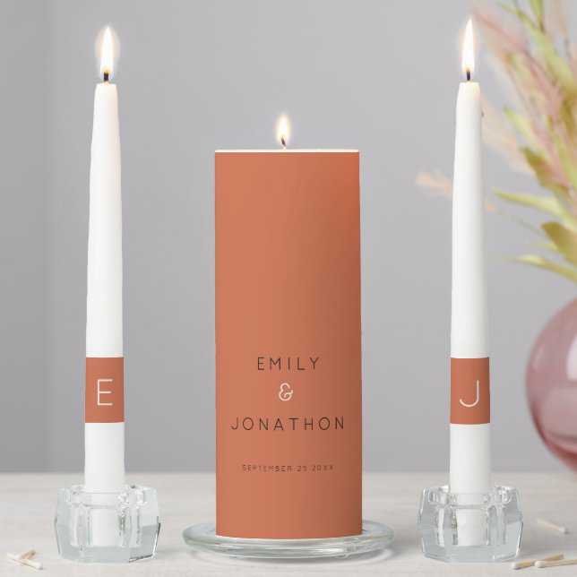 Simple Terracotta Names Date Initials Wedding Unity Candle Set (In Situ)