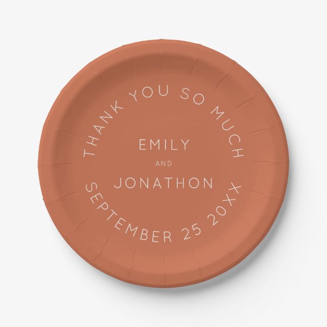 Simple Terracotta Names Date Text Custom Wedding Paper Plates (Front)