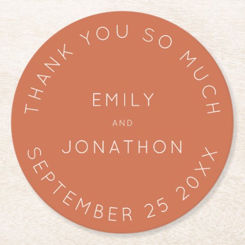 Simple Terracotta Names Date Text Custom Wedding Round Paper Coaster