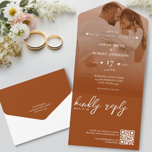 Simple Terracotta Newlywed Photo QR Code Wedding All In One Invitation
