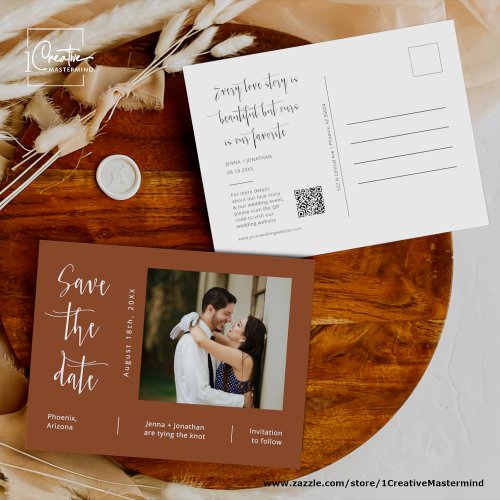 Simple Terracotta Photo QR Code Save The Date Postcard