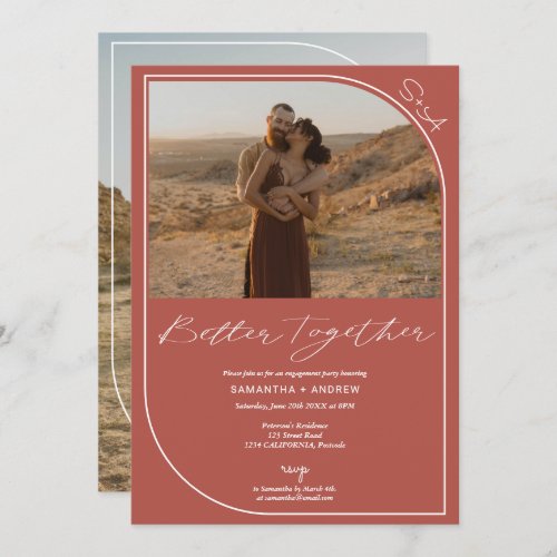 Simple terracotta photos engagement announcement - Better together, Simple boho terracotta modern elegant engagement party 2 photos announcement with a rounded geometric frame. 