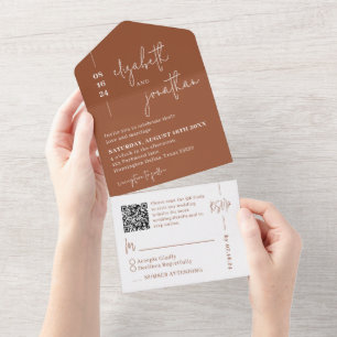 Simple Terracotta QR Code Classy Script Wedding All In One Invitation