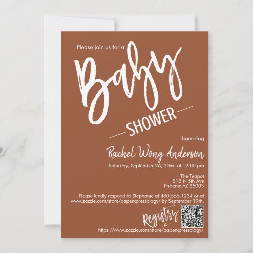 Simple Terracotta Script Baby Shower QR Code Photo Invitation