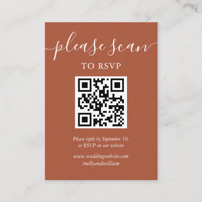 Simple Terracotta Script Wedding RSVP QR Code  Enclosure Card (Front)