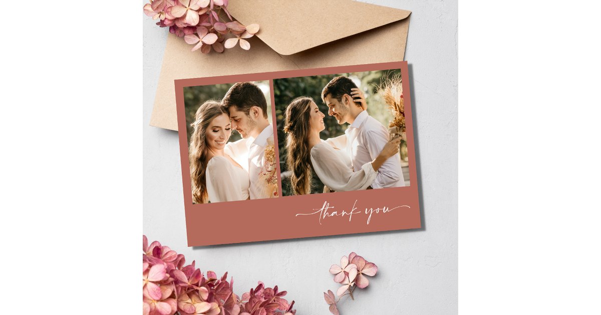 Simple Terracotta Two Photo Wedding Thank You Card | Zazzle