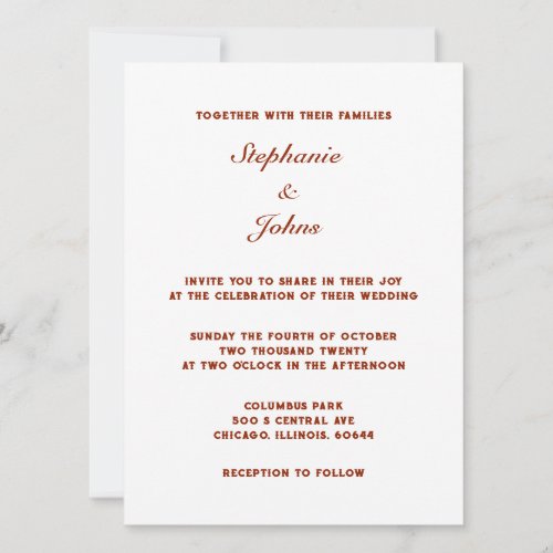 Simple Terracotta Warm Earth White Classic Wedding Invitation