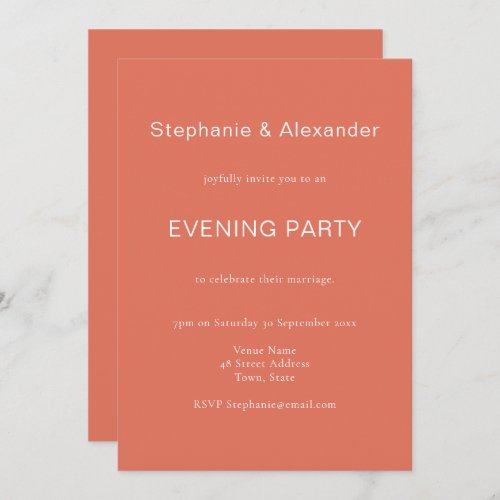 Simple Terracotta Wedding Evening Party Invite