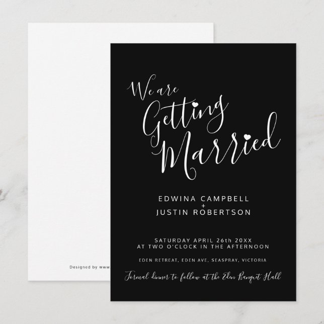 Simple text and heart black white wedding invites (Front/Back)