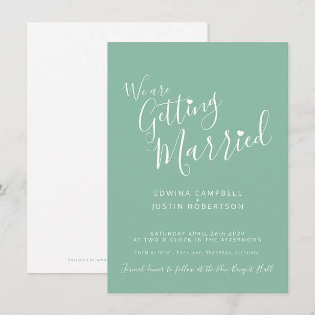 Simple text and heart green white wedding invites (Front/Back)