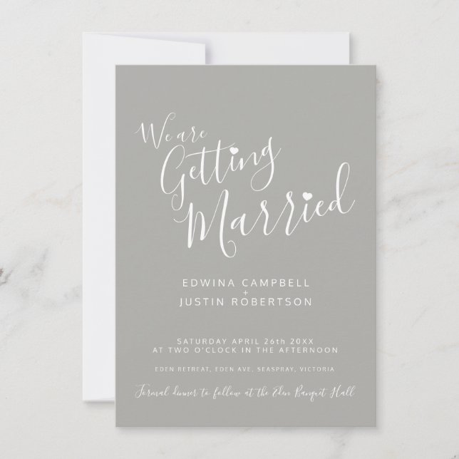 Simple text and heart grey white wedding invites (Front)