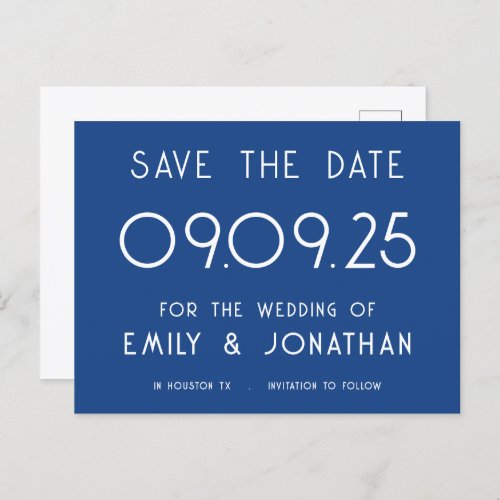Simple Text Blue Wedding Save the Date Announcement Postcard