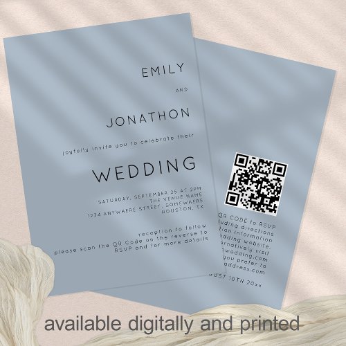 Simple Text Dusty Blue QR Code Wedding Invitation
