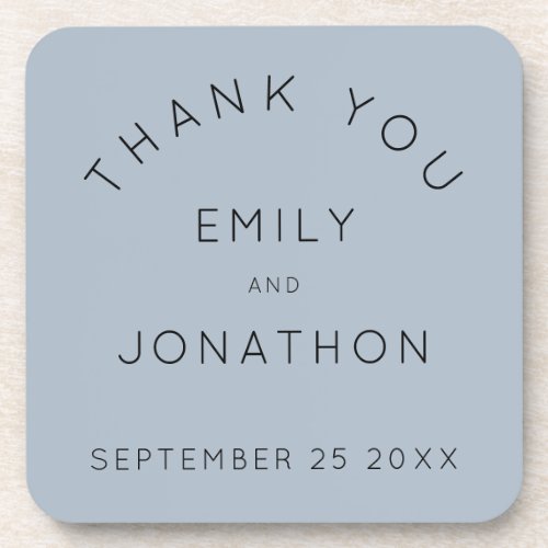 Simple text Dusty Blue Wedding Thank You favor Beverage Coaster