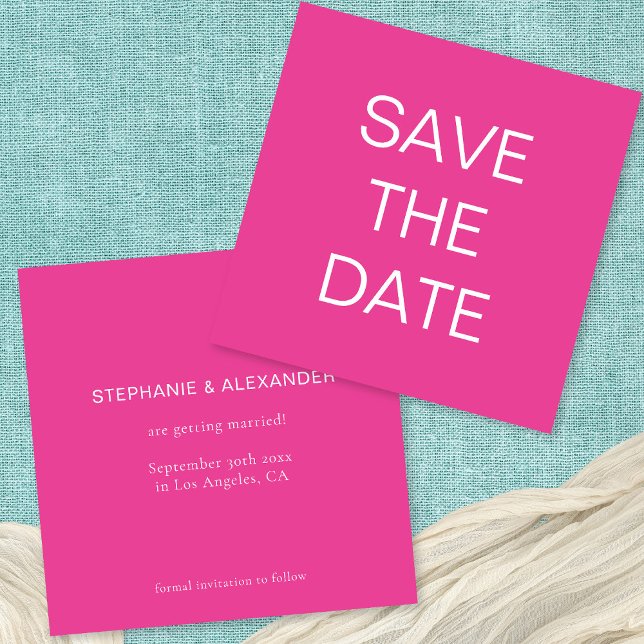 Simple Text Hot Pink Wedding Square Save The Date (Front and back view)
