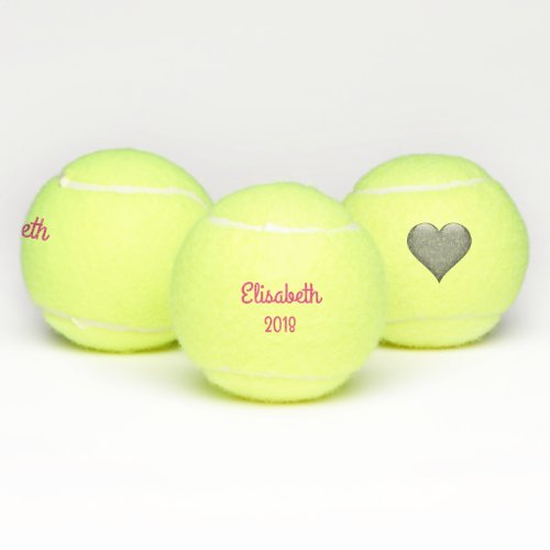 Simple Text Name and Date and Grey Heart Tennis Balls