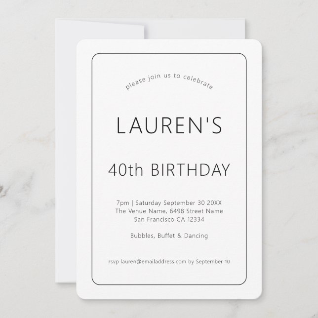 Simple Text Only Black White 40th Birthday Party Invitation (Front)