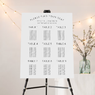 Simple Text Only Black White 9 Table Seating Chart Foam Board