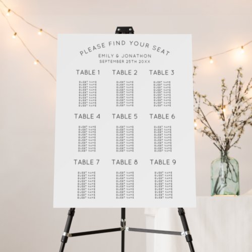 Simple Text Only Black White 9 Table Seating Chart Foam Board