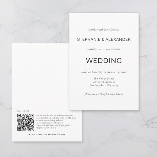 Simple Text Only QR Code Black White Wedding Invit Invitation