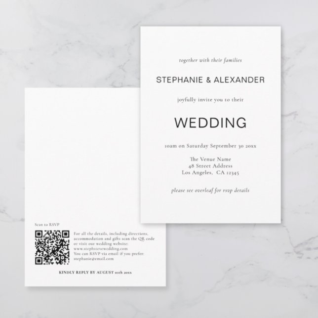 Simple Text Only QR Code Black White Wedding Invit Invitation (Creator Uploaded)