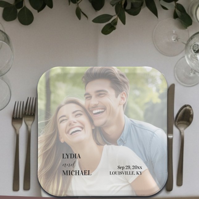 Simple Text Overlay Photo Wedding Paper Plates (Creator Uploaded)