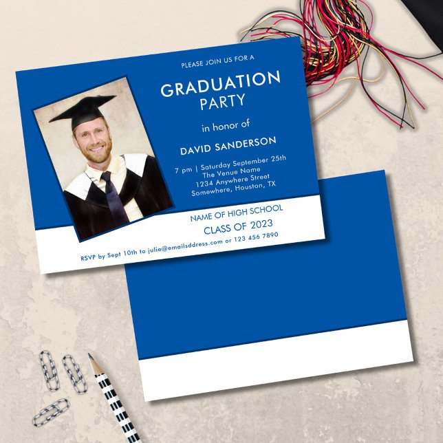 Simple Text Photo Blue White 2025 Graduation Invitation (front and back view)