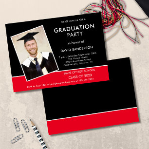 Simple Text Photo Gold Black Red 2025 Graduation Invitation