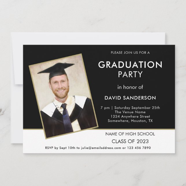 Simple Text Photo Gold White Black 2024 Graduation Invitation (Front)