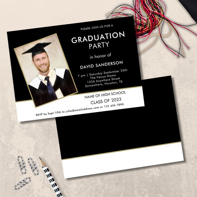 Simple Text Photo Gold White Black Graduation Invitation (front and back view)