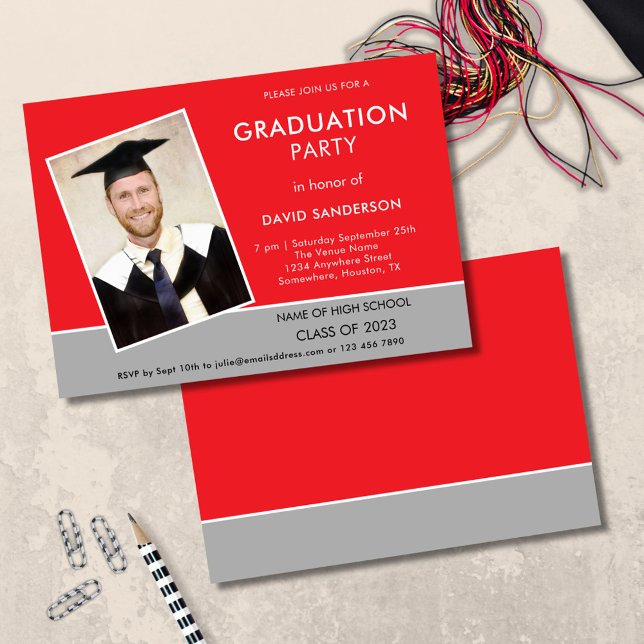 Simple Text Photo Red Silver Graduation  Invi Invitation (front and back view)